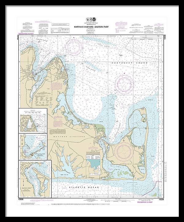 Nautical Chart-13238 Marthas Vineyard Eastern Part, Oak Bluffs Harbor, Vineyard Haven Harbor, Edgartown Harbor - Framed Print
