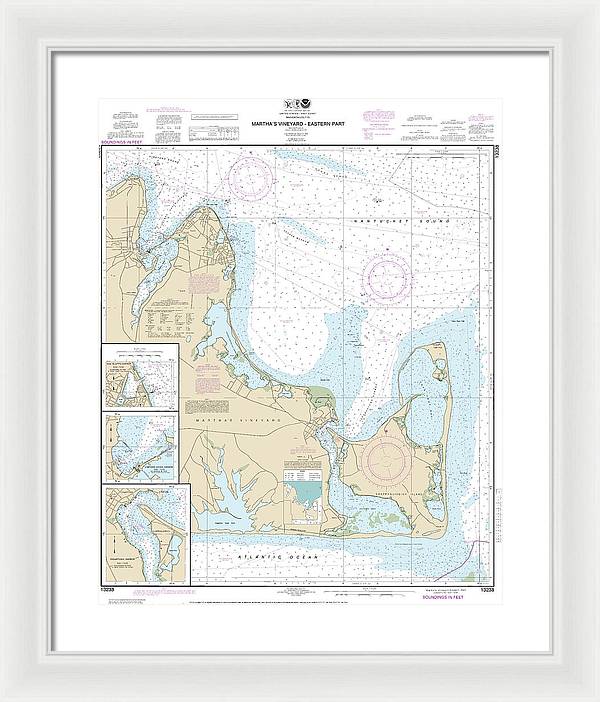 Nautical Chart-13238 Marthas Vineyard Eastern Part, Oak Bluffs Harbor, Vineyard Haven Harbor, Edgartown Harbor - Framed Print