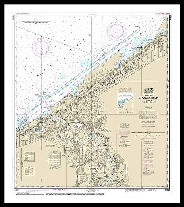 Nautical Chart-14839 Cleveland Harbor, Including Lower Cuyahoga River - Framed Print