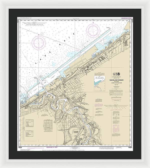 Nautical Chart-14839 Cleveland Harbor, Including Lower Cuyahoga River - Framed Print