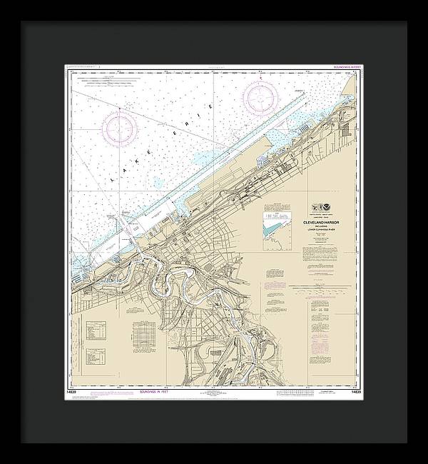 Nautical Chart-14839 Cleveland Harbor, Including Lower Cuyahoga River - Framed Print