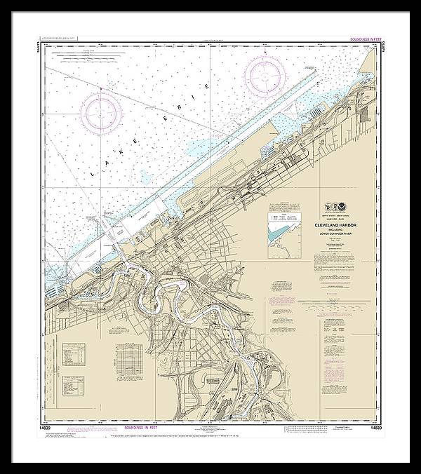 Nautical Chart-14839 Cleveland Harbor, Including Lower Cuyahoga River - Framed Print