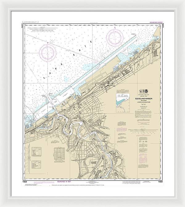 Nautical Chart-14839 Cleveland Harbor, Including Lower Cuyahoga River - Framed Print