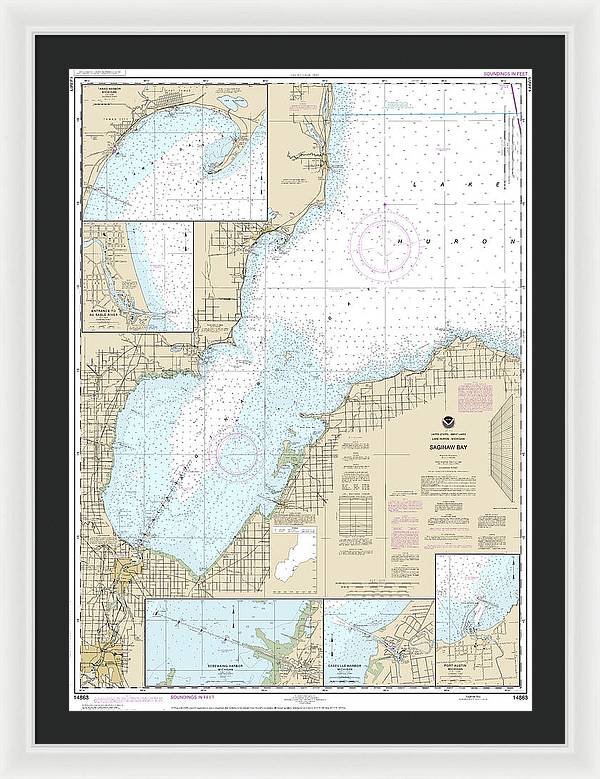 Nautical Chart-14863 Saginaw Bay, Port Austin Harbor, Caseville Harbor, Entrance-au Sable River, Sebewaing Harbor, Tawas Harbor - Framed Print