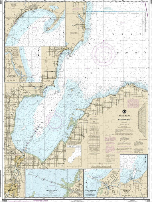 Nautical Chart 14863 Saginaw Bay, Port Austin Harbor, Caseville Harbor, Entrance Au Sable River, Sebewaing Harbor, Tawas Harbor Puzzle