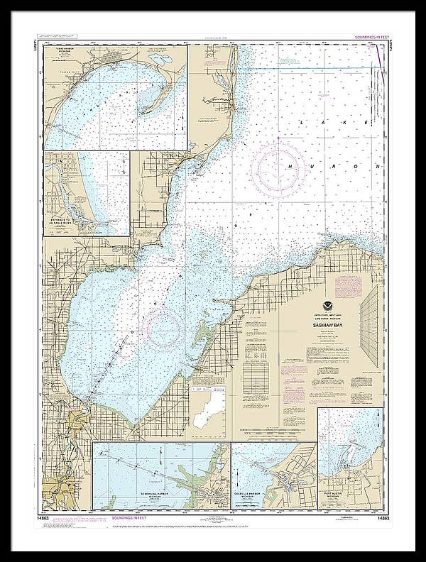 Nautical Chart-14863 Saginaw Bay, Port Austin Harbor, Caseville Harbor, Entrance-au Sable River, Sebewaing Harbor, Tawas Harbor - Framed Print
