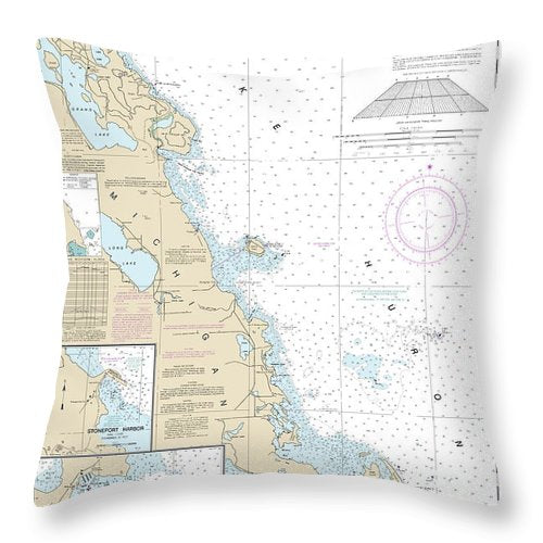 Nautical Chart-14869 Thunder Bay Island-presque Isle, Stoneport Harbor, Resque Isle Harbor - Throw Pillow