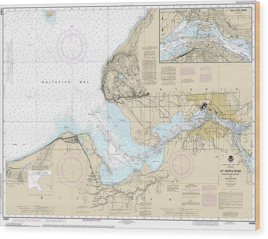 Nautical Chart-14884 St Marys River Head-Lake Nicolet-Whitefish Bay, Sault Ste Marie Wood Print