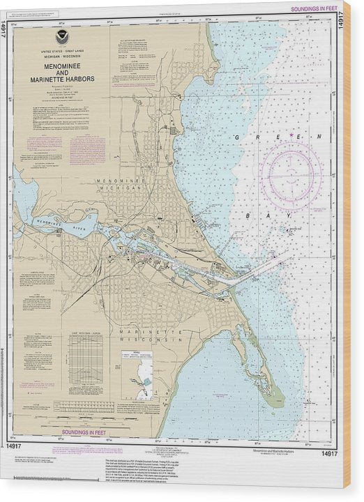 Nautical Chart-14917 Menominee-Marinette Harbors Wood Print