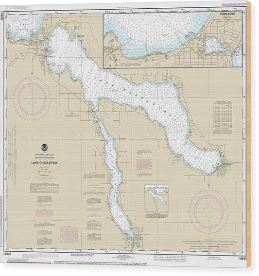 Nautical Chart-14942 Lake Charlevoix, Charlevoix, South Point-Round Lake Wood Print