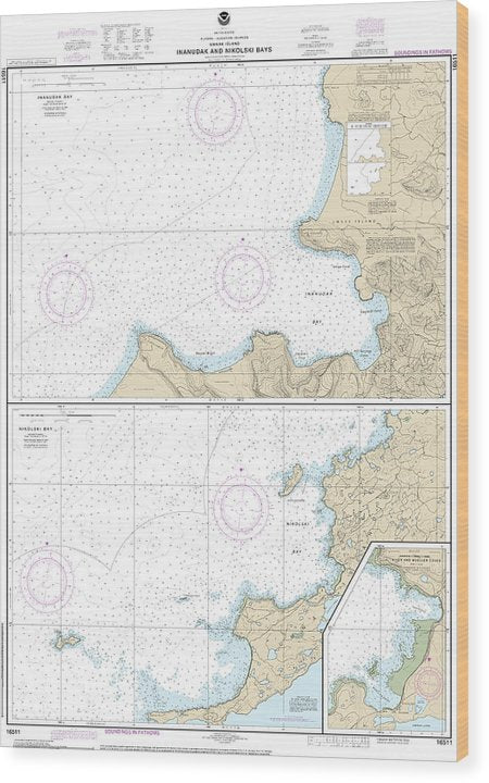 Nautical Chart-16511 Inanudak Bay-Nikolski Bay, Umnak L, River-Mueller Coves Wood Print