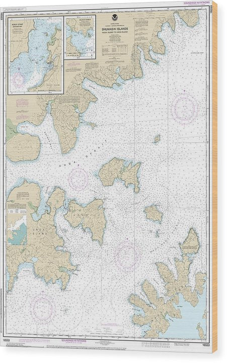 Nautical Chart-16553 Shumagin Islands-Nagai I-Unga I, Delarof Harbor, Popof Strait, Northern Part Wood Print