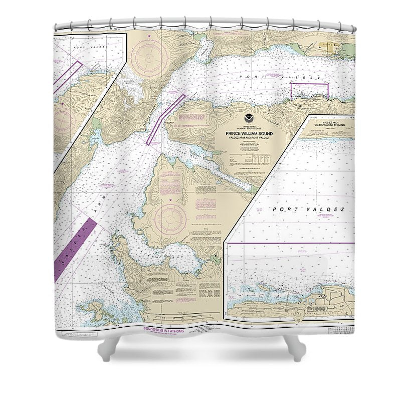 Nautical Chart 16707 Prince William Sound Valdez Arm Port Valdez, Valdez Narrows, Valdez Valdez Marine Terminal Shower Curtain