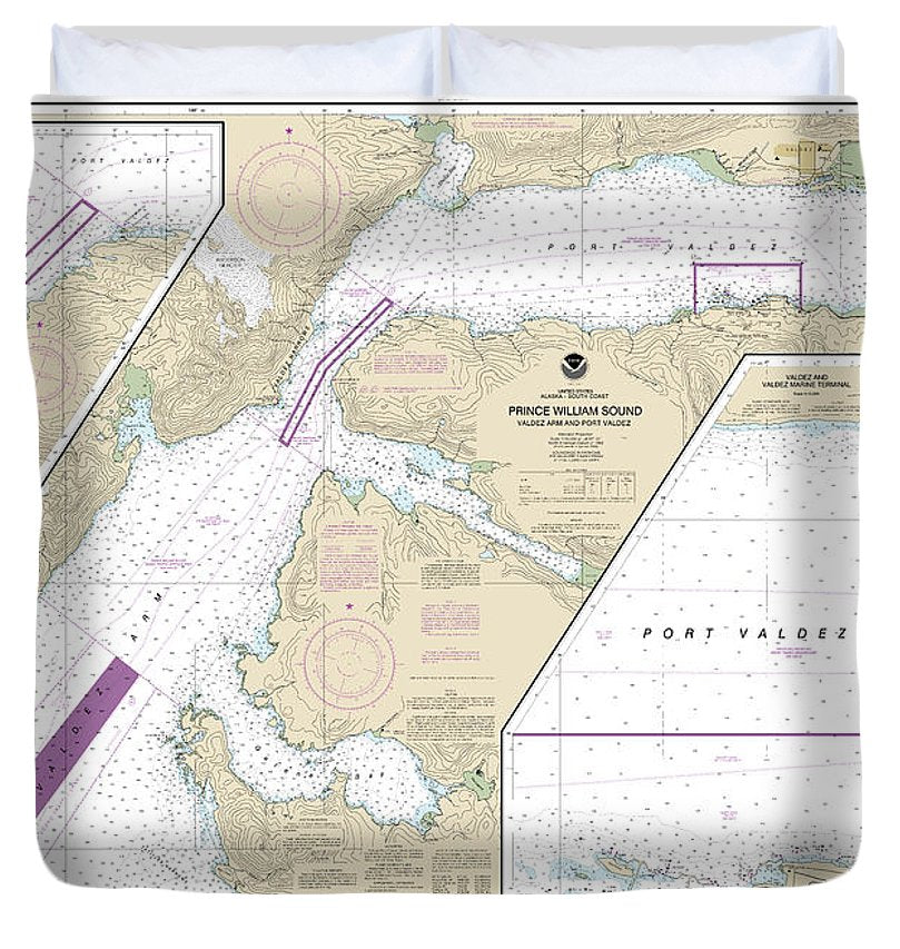 Nautical Chart 16707 Prince William Sound Valdez Arm Port Valdez, Valdez Narrows, Valdez Valdez Marine Terminal Duvet Cover