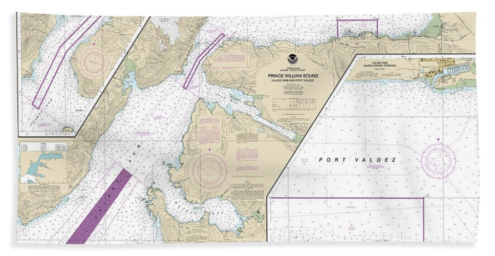 Nautical Chart 16707 Prince William Sound Valdez Arm Port Valdez, Valdez Narrows, Valdez Valdez Marine Terminal Bath Towel