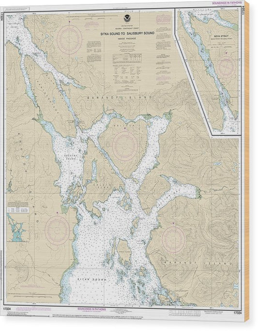 Nautical Chart-17324 Sitka Sound-Salisbury Sound, Inside Passage, Neva Str-Neva Pt-Zeal Pt Wood Print