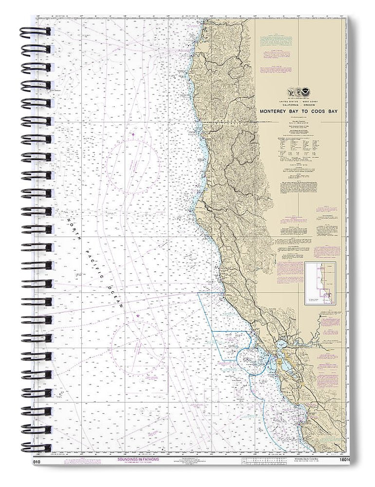 Nautical Chart 18010 Monterey Bay Coos Bay Spiral Notebook