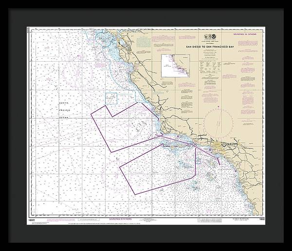 Nautical Chart-18022 San Diego-san Francisco Bay - Framed Print