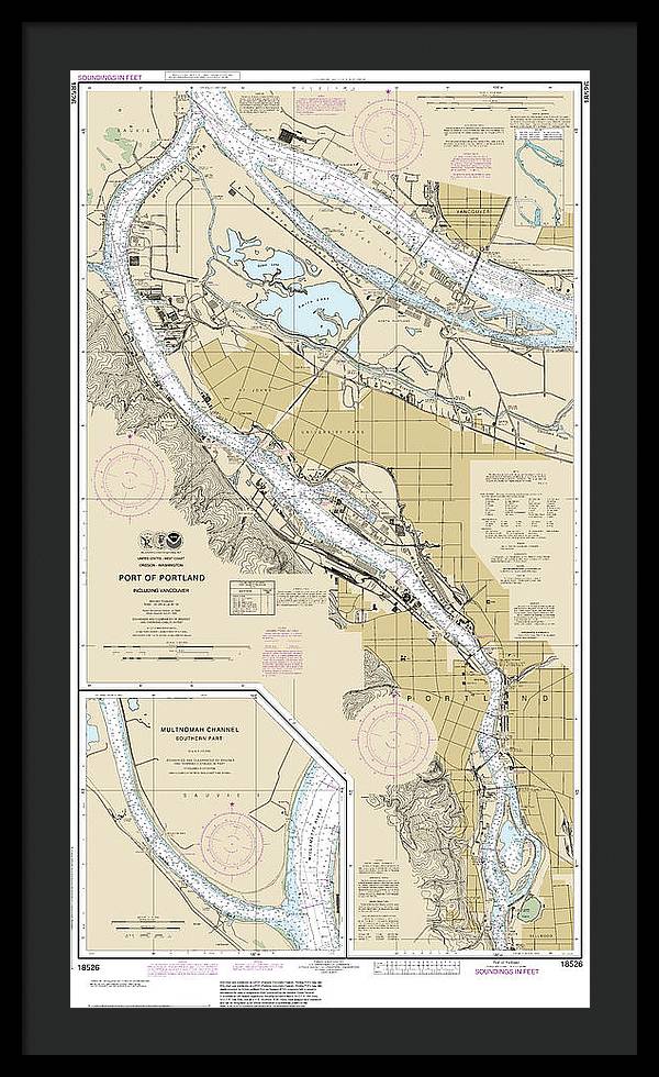 Nautical Chart-18526 Port-portland, Including Vancouver, Multnomah Channel-southern Part - Framed Print