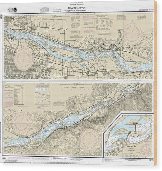 Nautical Chart-18531 Columbia River Vancouver-Bonneville, Bonneville Dam Wood Print