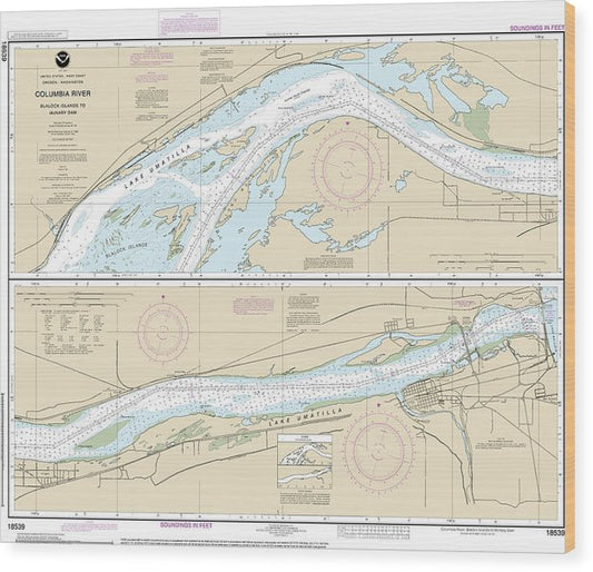 Nautical Chart-18539 Columbia River Blalock Islands-Mcnary Dam Wood Print