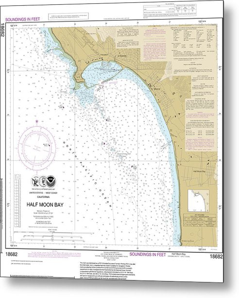 A beuatiful Metal Print of the Nautical Chart-18682 Half Moon Bay - Metal Print by SeaKoast.  100% Guarenteed!