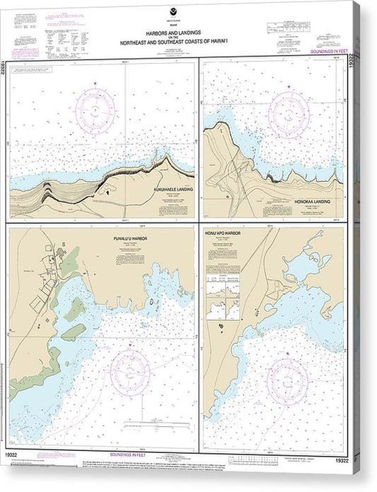Nautical Chart-19322 Harbors-Landings On The Northeast-Southeast Coasts-Hawaii, Punaluu Harbor, Honuapo Bay, Honokaa Landing, Kukuihaele Landing  Acrylic Print