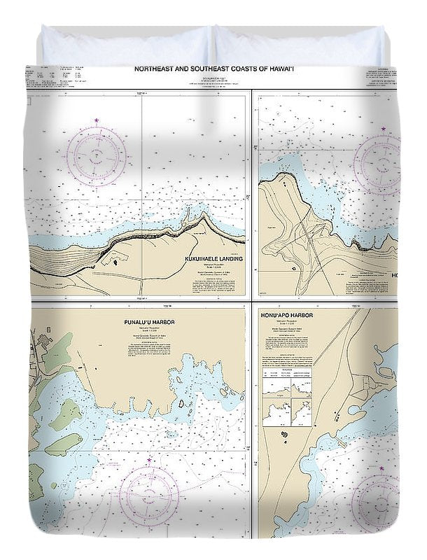 Nautical Chart-19322 Harbors-landings On The Northeast-southeast Coasts-hawaii, Punaluu Harbor, Honuapo Bay, Honokaa Landing, Kukuihaele Landing - Duvet Cover