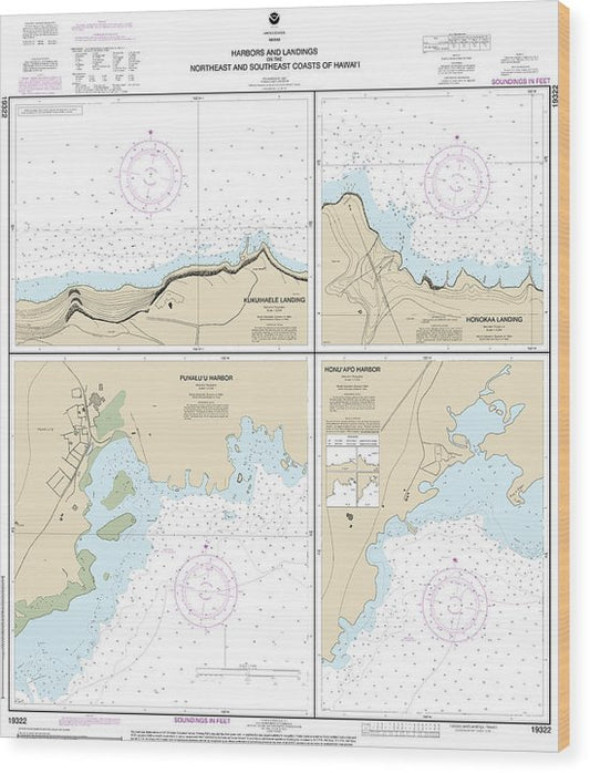 Nautical Chart-19322 Harbors-Landings On The Northeast-Southeast Coasts-Hawaii, Punaluu Harbor, Honuapo Bay, Honokaa Landing, Kukuihaele Landing Wood Print