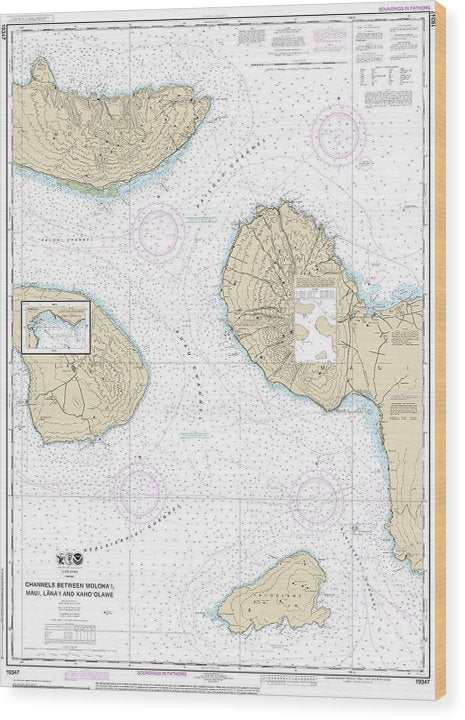 Nautical Chart-19347 Channels Between Molokai, Maui, Lanaiand Kahoolawe, Manele Bay Wood Print