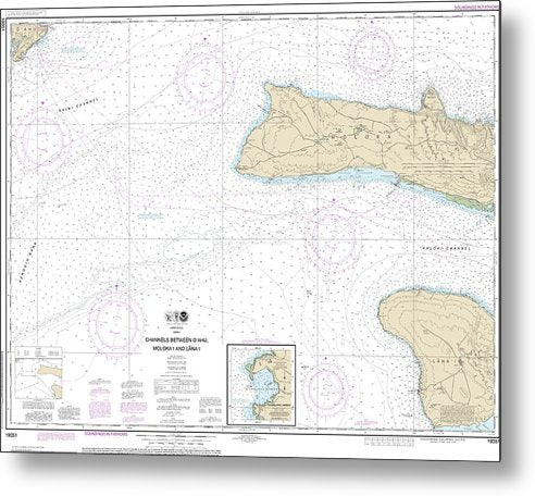 A beuatiful Metal Print of the Nautical Chart-19351 Channels Between Oahu, Molokai-Lanai, Kaumalapau Harbor - Metal Print by SeaKoast.  100% Guarenteed!