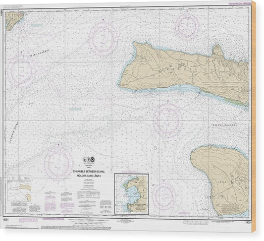 Nautical Chart-19351 Channels Between Oahu, Molokai-Lanai, Kaumalapau Harbor Wood Print