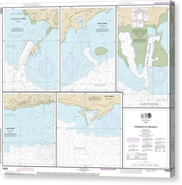 Nautical Chart-19353 Harbors-Molokai Kaunakakai Harbor, Pukoo Harbor, Kamalo Harbor, Kolo Harbor, Lono Harbor Canvas Print