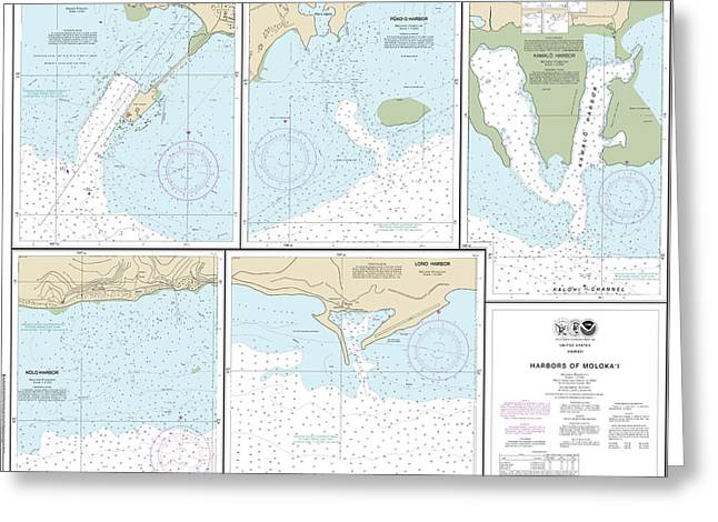 Nautical Chart-19353 Harbors-molokai Kaunakakai Harbor, Pukoo Harbor, Kamalo Harbor, Kolo Harbor, Lono Harbor - Greeting Card