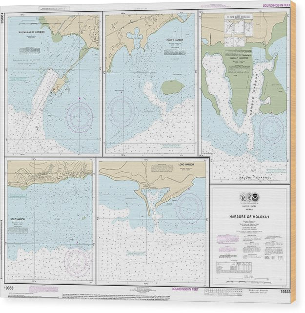 Nautical Chart-19353 Harbors-Molokai Kaunakakai Harbor, Pukoo Harbor, Kamalo Harbor, Kolo Harbor, Lono Harbor Wood Print