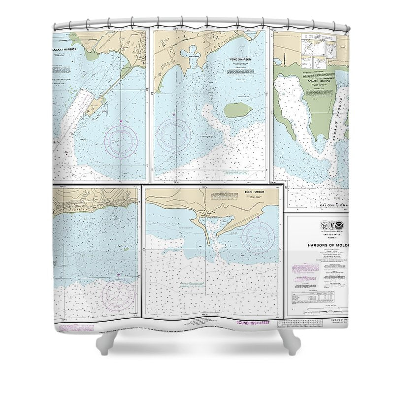 Nautical Chart 19353 Harbors Molokai Kaunakakai Harbor, Pukoo Harbor, Kamalo Harbor, Kolo Harbor, Lono Harbor Shower Curtain