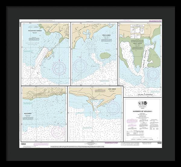 Nautical Chart-19353 Harbors-molokai Kaunakakai Harbor, Pukoo Harbor, Kamalo Harbor, Kolo Harbor, Lono Harbor - Framed Print