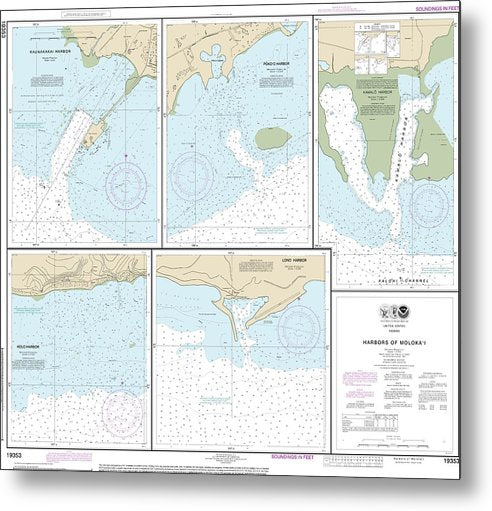 A beuatiful Metal Print of the Nautical Chart-19353 Harbors-Molokai Kaunakakai Harbor, Pukoo Harbor, Kamalo Harbor, Kolo Harbor, Lono Harbor - Metal Print by SeaKoast.  100% Guarenteed!