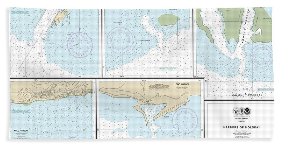 Nautical Chart 19353 Harbors Molokai Kaunakakai Harbor, Pukoo Harbor, Kamalo Harbor, Kolo Harbor, Lono Harbor Bath Towel