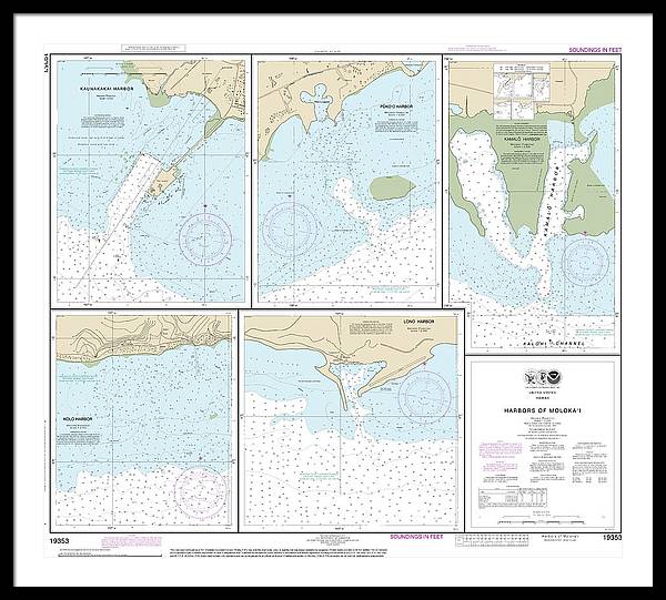 Nautical Chart-19353 Harbors-molokai Kaunakakai Harbor, Pukoo Harbor, Kamalo Harbor, Kolo Harbor, Lono Harbor - Framed Print