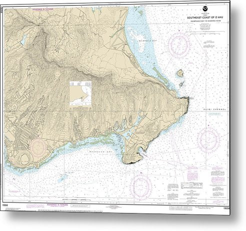 A beuatiful Metal Print of the Nautical Chart-19358 Southeast Coast-Oahu Waimanalo Bay-Diamond Head - Metal Print by SeaKoast.  100% Guarenteed!