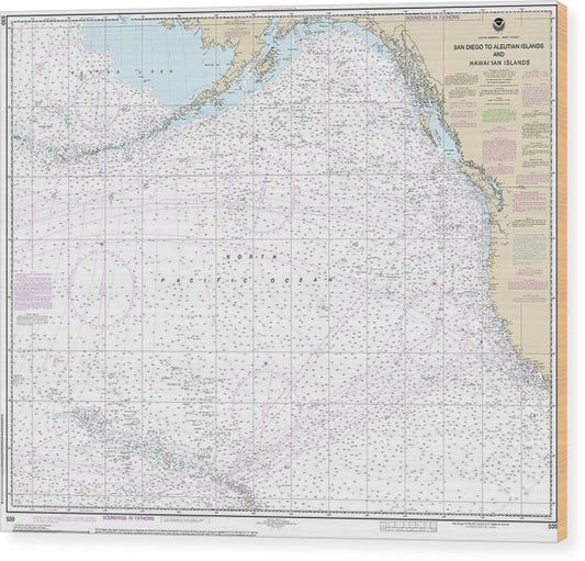 Nautical Chart-530 North America West Coast San Diego-Aleutian Islands-Hawaiian Islands Wood Print
