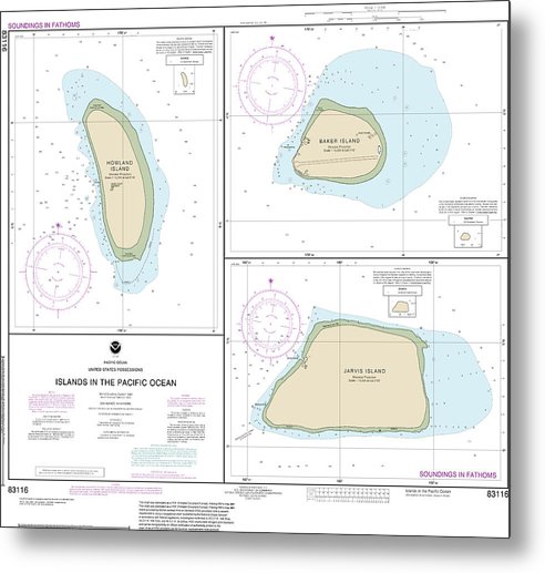 A beuatiful Metal Print of the Nautical Chart-83116 Islands In The Pacific Ocean-Jarvis, Bake-Howland Islands - Metal Print by SeaKoast.  100% Guarenteed!