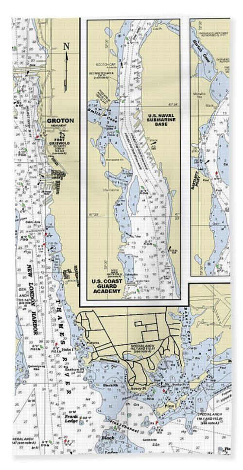 New London Connecticut Nautical Chart Bath Towel