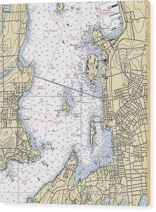 Newport Harbor-Rhode Island Nautical Chart Wood Print