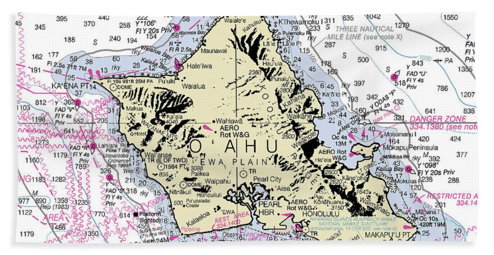 Oahu Hawaii Nautical Chart - Bath Towel