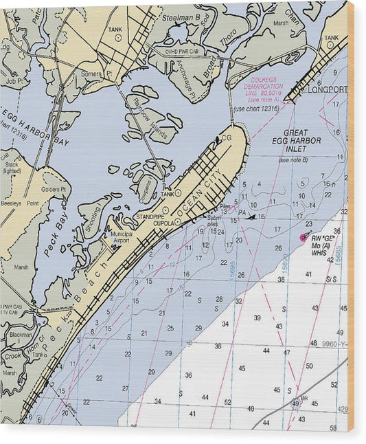 Ocean City-New Jersey Nautical Chart Wood Print