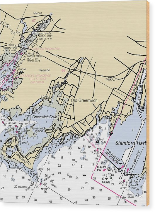 Old Greenwich-Connecticut Nautical Chart Wood Print