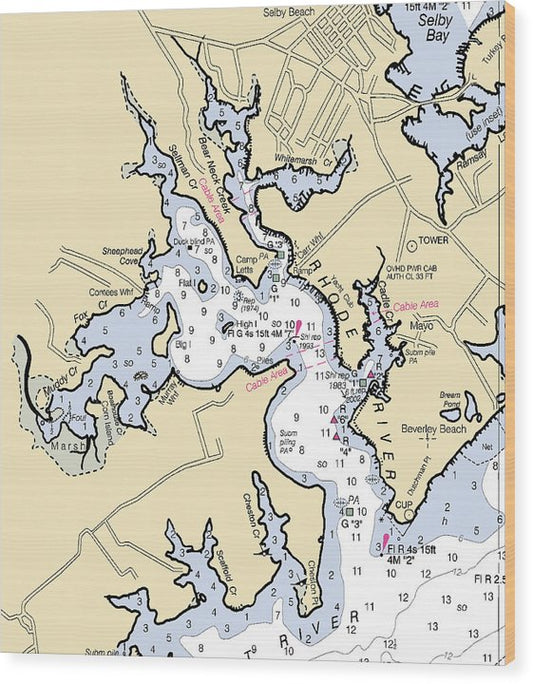 Rhode River-Maryland Nautical Chart Wood Print