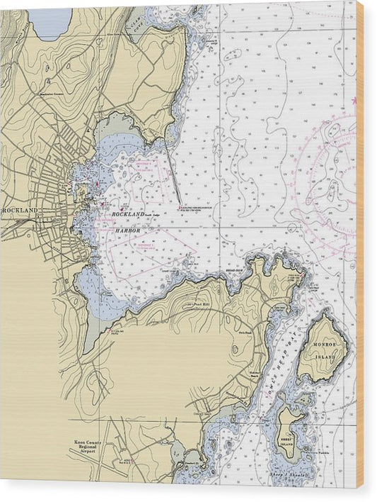 Rockland-Maine Nautical Chart Wood Print